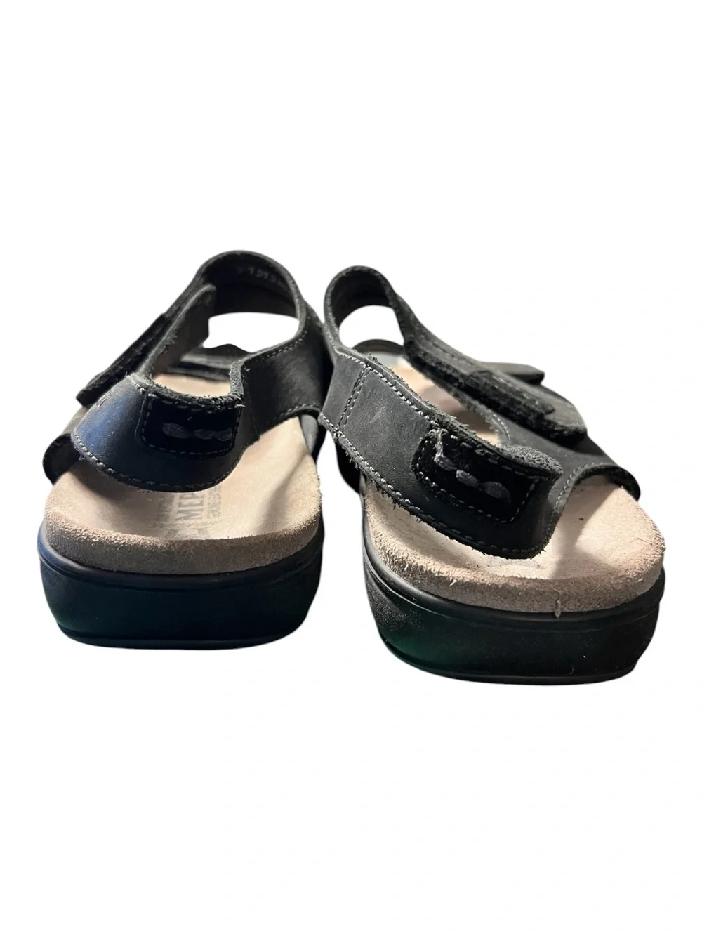 Mephisto Black Leather Sandal with Suede Footbed